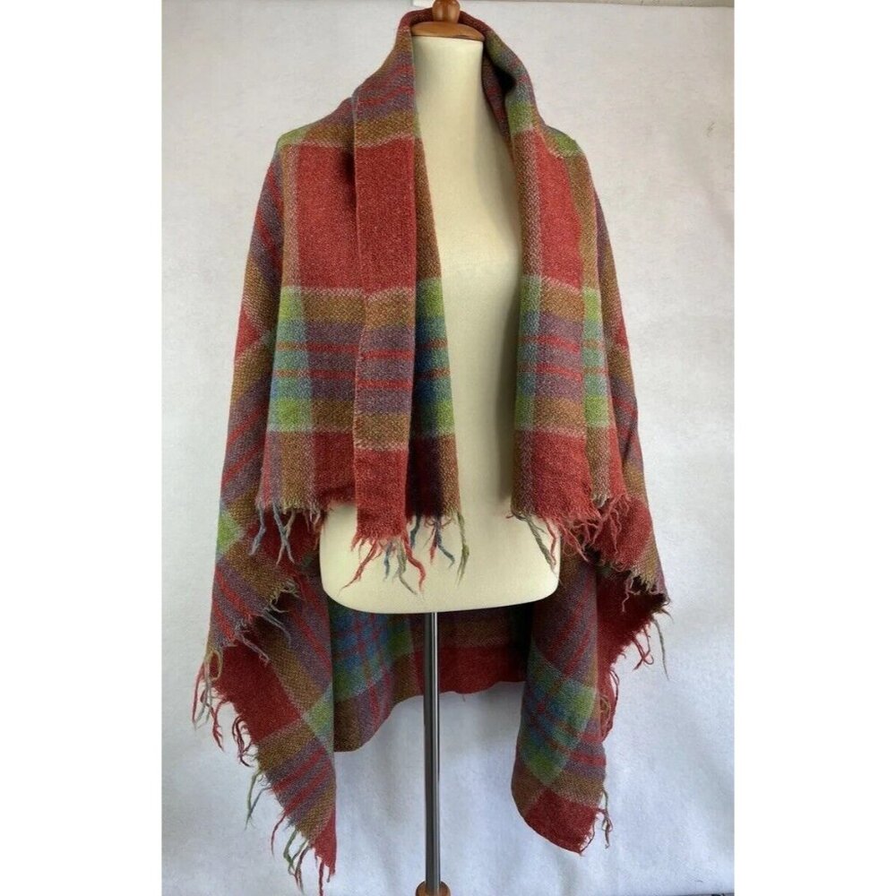 Vintage Wool Tartan Cape Throw Fringe Red Green Blue Fringe 51x51 in - Picture 1 of 6